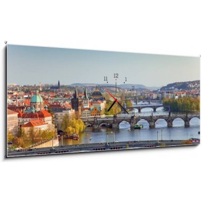 Obraz s hodinami 1D panorama - 120 x 50 cm - View on Prague Bridges at sunset Pohled na Pražské mosty při západu slunce – Zboží Mobilmania