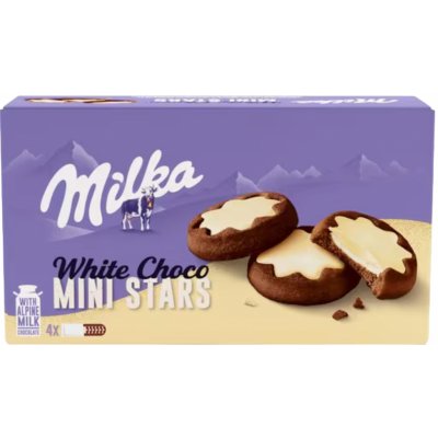 Milka White Choco Mini Stars kakaové sušenky, mléčná náplň a bílá čokoláda 150 g – Zboží Dáma