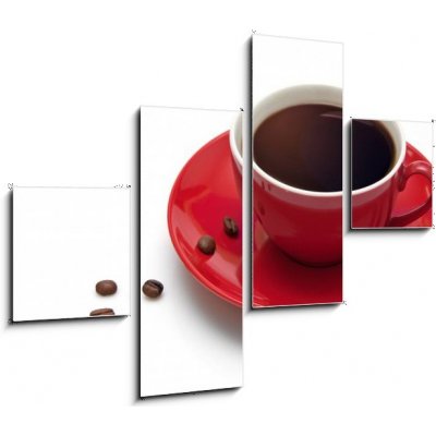 Obraz 4D čtyřdílný - 120 x 90 cm - Red coffee cup and grain on white background Červená šálek kávy a zrna na bílém pozadí