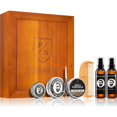 Percy Nobleman Ultimate Grooming Box změkčující olej na vousy 100 ml + šampon na vousy 100 ml + vosk na knír 20 ml + balzám na vousy 65 ml + stylingový vosk na vlasy a vousy 50 ml + dřevěný hřeben na – Hledejceny.cz