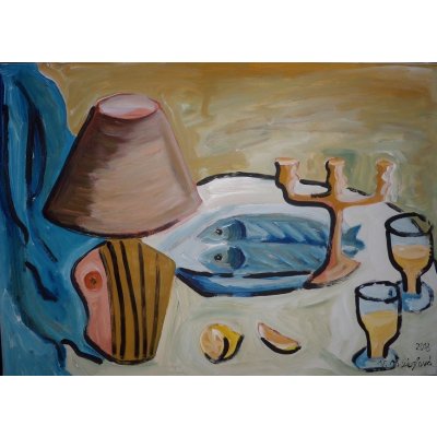 Věra Orzághová, Intimní večeře, Malba na plátně, akrylové barvy, 70 x 50 cm – Zboží Mobilmania