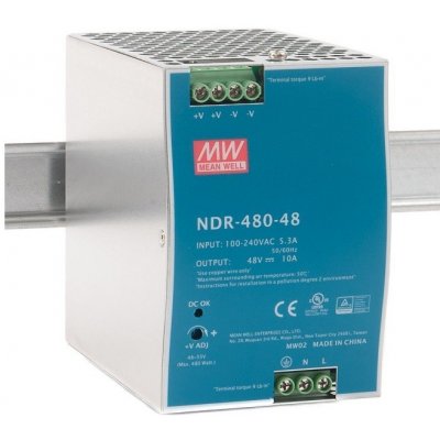 Průmyslový zdroj Mean Well NDR-480-48, 48V=,480W spínaný na DIN lištu (8596425181179)
