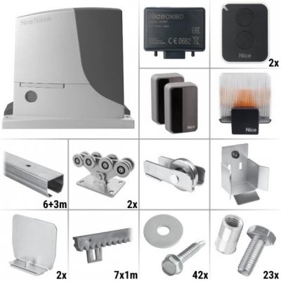 Nice Robus 600 KCE 9.1Z - sestava pojezdu, pohonu a příslušenství, pro posuvnou bránu do průjezdu 6,4 m a 600 kg, pozinkovaný profil – Zboží Mobilmania