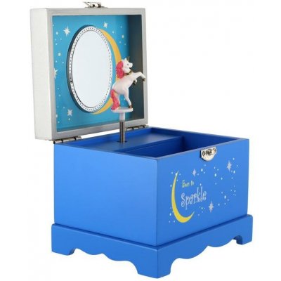 Teddies Skříňka šperkovnice jednorožec hrající na natažení dřevo odklápěcí vrch modrá 12,5x10,5cm v krabičce – Hledejceny.cz