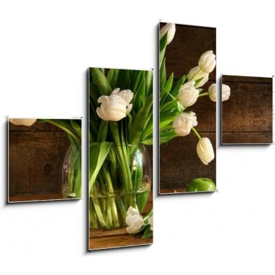 Obraz čtyřdílný 4D - 120 x 90 cm - White tulips in glass vase on rustic wood Bílé tulipány ve skleněné váze na rustikálním dřevu – Zbozi.Blesk.cz