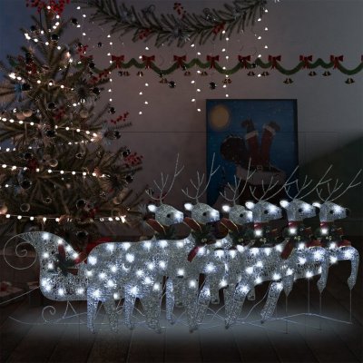 vidaXL Vánoční sobi se sáněmi 140 LED diod venkovní stříbrní