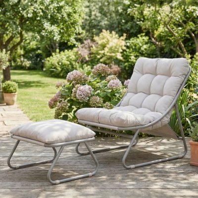 Bjørkka VISTA RELAX Set zahradního křesla a pufu šedobéžová – Sleviste.cz