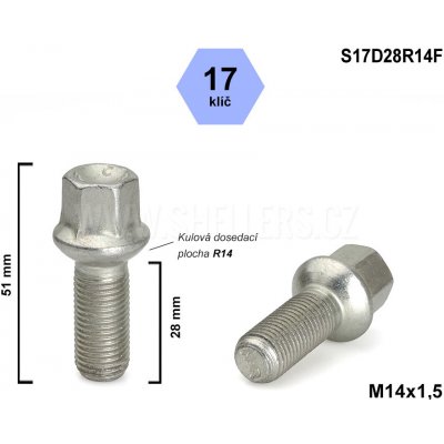 Kolový šroub M14x1,5x28 kulový R14, klíč 17, S17D28R14F, výška 51 mm
