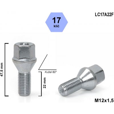 Kolový šroub M12x1,5x22, kužel, klíč 17, LC17A22F ; výška 47,5