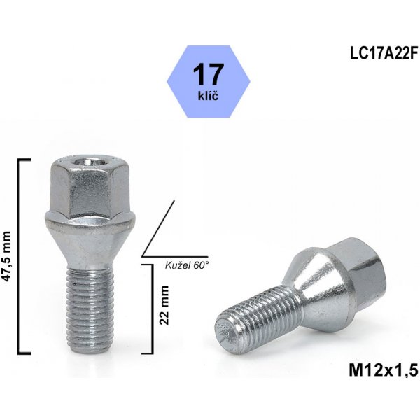 Kolové šrouby a matice Kolový šroub M12x1,5x22, kužel, klíč 17, LC17A22F ; výška 47,5