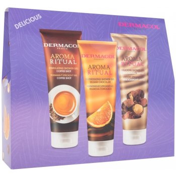 Dermacol Aroma Ritual sprchový gel Belgian Chocolate 250 ml + sprchový gel Coffee Shot 250 ml + sprchový gel Macadamia Truffle 250 ml dárková sada