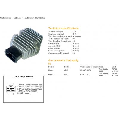 DZE regulátor napětí HONDA CB 600F 02-06; CBF 500 04-07; CBR 1100XX 96-98; FES 125/150/250 97-03; NES 125/150/250 01-03; VFR 750F/A/AC 90-97; APRILIA; MALAGUTI;PIAGIO (35A) (31600-MY7-305) - nahrazuje | Zboží Auto