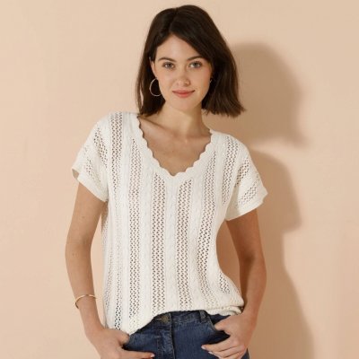 Halenka s výstřihem do V z ažurového úpletu režná – Hledejceny.cz