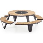 Extremis Jídelní stůl s integrovanou lavicí Pantagruel Picnic, kulatý 227x75 cm, rám lakovaný hliník černá (RAL 9005), deska a sedací část tepelně upravené dřevo hellwood – Zboží Mobilmania