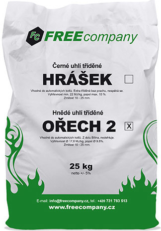 FREE COMPANY Hnědé ledvické (bílinské) uhlí ořech 2, pro automatické kotle, 800 kg