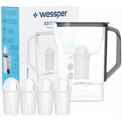 Wessper D3 Slim Aquaclassic 2,7l černý filtrační džbán do chladničky + 5x filtrační patrona Wessper Aquaclassic – Zbozi.Blesk.cz