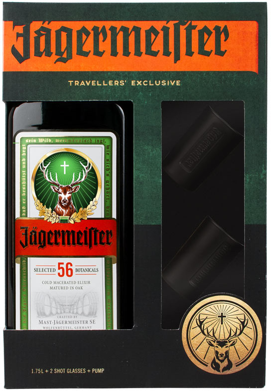 Jägermeister Party Pack 35% 1,75 l (dárkové balení pumpička 2 panáky)