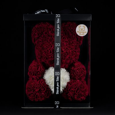 Medvídárek BIG Classic medvídek z růží 40cm dárkově balený - tmavě červený s bílým srdcem – Zboží Dáma