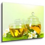 Obraz 1D - 100 x 70 cm - tea with jasmine in cup and teapot on table on green background čaj s jasmínem v šálku a čajová konvice na stole na zeleném pozadí – Zboží Mobilmania