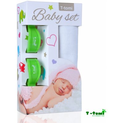 T-tomi Baby set bambusová osuška + kočárkový kolíček Bílá/zelený – Zbozi.Blesk.cz