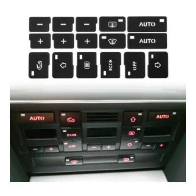Obtisky / samolepky / polepy tlačítek ovládání AC klimatizace Audi A4, B6, B7 2000-2004 – Zboží Mobilmania