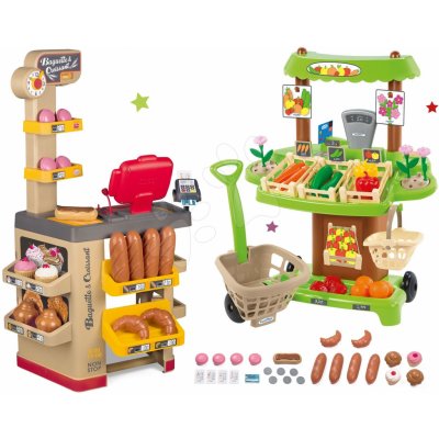 Smoby Set pekárna s koláči Baguette&Croissant Bakery s elektronickou pokladnou a zeleninový Bio stánek s vozíkem Organic 100% Chef – Zboží Dáma