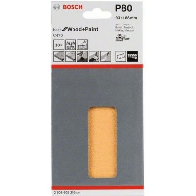 10x Brusný papír - brusivo pro vibrační brusky Bosch Best for Wood and Paint C470 93x186mm, hr. 80, 8 otvorů (2608605255)