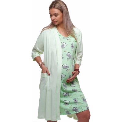 Těhotenský a kojicí komplet zelená košilka s koalami a světle zelený župan s kontrastním lemem 1G0714 zelená – Zboží Dáma