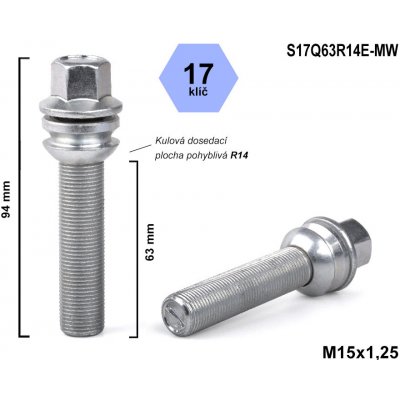 Kolový šroub M15x1,25x63 kulový R14, pohyblivá plocha, klíč 17, S17Q63R14E-MW, výška 94 mm