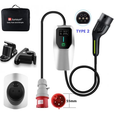 Junsun 16A typ 2 EU EV nabíječka pro elektromobily EV nabíječka 3 fáze 11KW nastavitelný proud přenosný 5M s balicí taškou, stojanemhákem | Zboží Auto