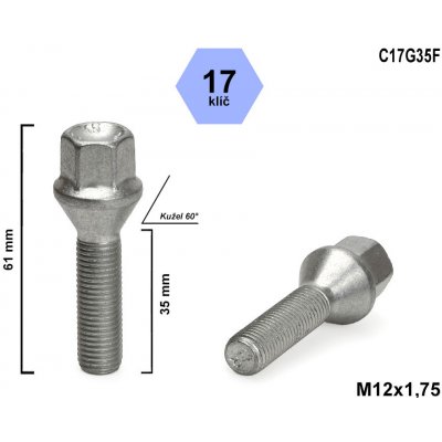 Kolový šroub M12x1,75x35mm kužel, klíč 17, C17G35F, VOLVO výška 61 mm – Zboží Mobilmania