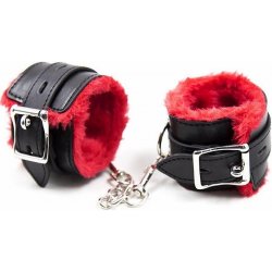 Slave4master Red & Black Plush Wrist Cuffs pouta na ruce s plyšovým polstrováním