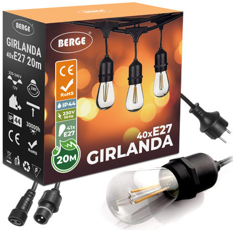 ecoPLANET Venkovní řetěz GIRLAND 20m + 41x LED žárovka 1W EGI004