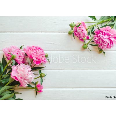 WEBLUX 313371368 Samolepka fólie Pink peony flowers on white wooden table. womans day or wedding background. Top view. Květy růžové pivoky na bílém dřevěném stole. Zens rozměry 200 x 144 cm – Zboží Mobilmania