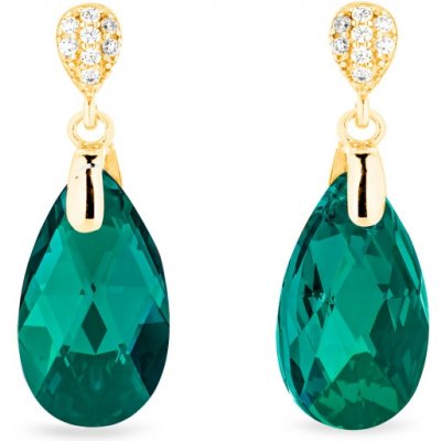 Spark stříbrné pozlacené náušnice s krystaly Swarovski Elements zelená kapka Dainty Drop KWG610616EM Emerald – Zboží Mobilmania