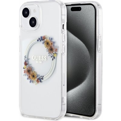 Guess PC/TPU Flowers Ring Glossy Logo MagSafe iPhone 13 čiré