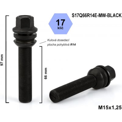 Kolový šroub M15x1,25x66 kulový R14, pohyblivá plocha, klíč 17, S17Q66R14E-MW-BLACK, výška 97 mm, černý