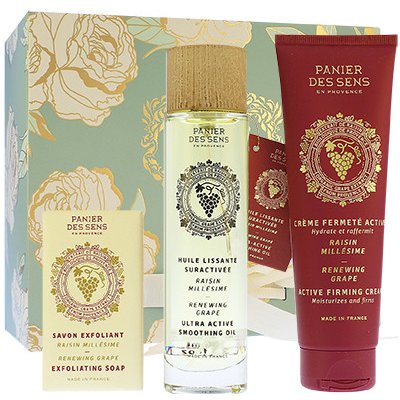 Panier Des Sens Renewing Grape exfoliační mýdlo 150 g + suchý tělový olej 100 ml + zpevňující tělový krém 140 ml dárková sada – Zbozi.Blesk.cz