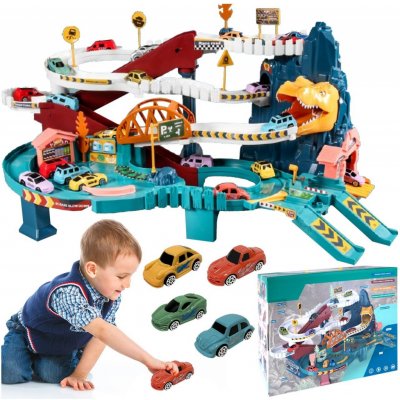 Majlo Toys Parkovací dráha se 4 autíčky, tunelem a výtahem na baterie Dinosaur Rail – Zboží Mobilmania