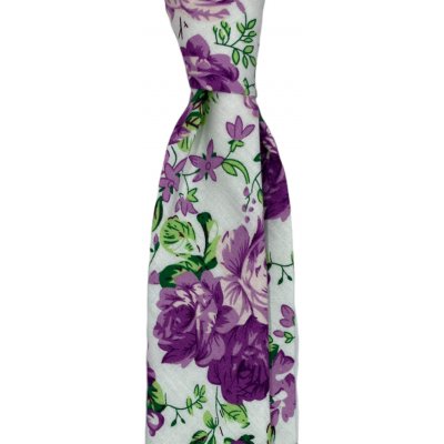 Bavlněná kravata s fialovými květy bílá