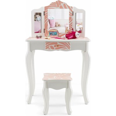 COSTWAY Dětský toaletní stolek se stoličkou ve stylu princezen zebra