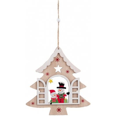 Závěs dřevo 160x170mm stromeček+ sněhuláci v otevřeném okýnku, přírodní s glitrem, barevná – Hledejceny.cz