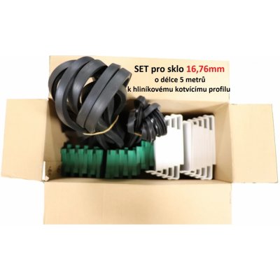 5m set pro 16,76mm sklo, k profilu AL-L121, AL-L131, AL-L141 a AL-L151. Obsahuje: těsnění AG-00 5m, AG-17 5m, podložka AP-K122 10ks, klin AP-K17 10ks – Zboží Mobilmania