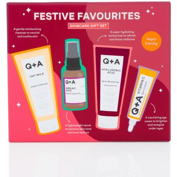 Q+A Festive Favourites Skincare Gift Set dárková kazeta pro ženy čisitcí krém Oat Milk Cream Cleanser 75 ml + pleťové sérum Azelaic Acid Balancing Serum 30 ml + pleťový krém Hyaluronic Acid Daily Mois