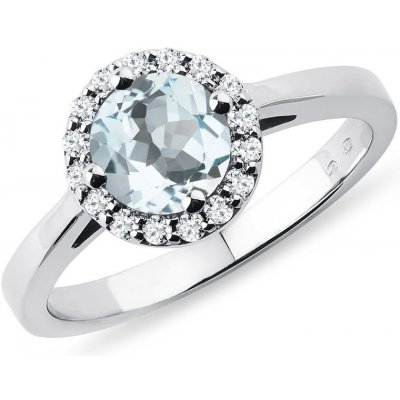 Prsten z bílého zlata s halo akvamarínem a diamanty KLENOTA K0030022
