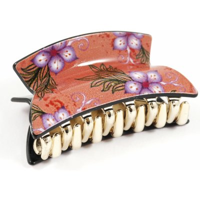 Skřipec na vlasy s potiskem květů Barva: červeno-oranžová – Zboží Dáma