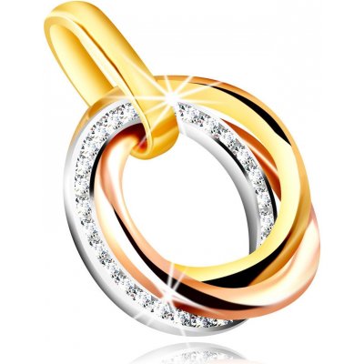 Šperky Eshop Přívěsek z kombinovaného zlata navzájem propletené kruhy kulaté čiré zirkony S4GG243.55