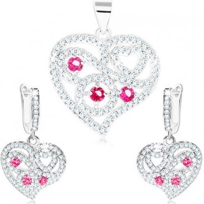 Šperky eshop sada stříbrné náušnice a přívěsek čiré srdce spirály růžové zirkony S19.25