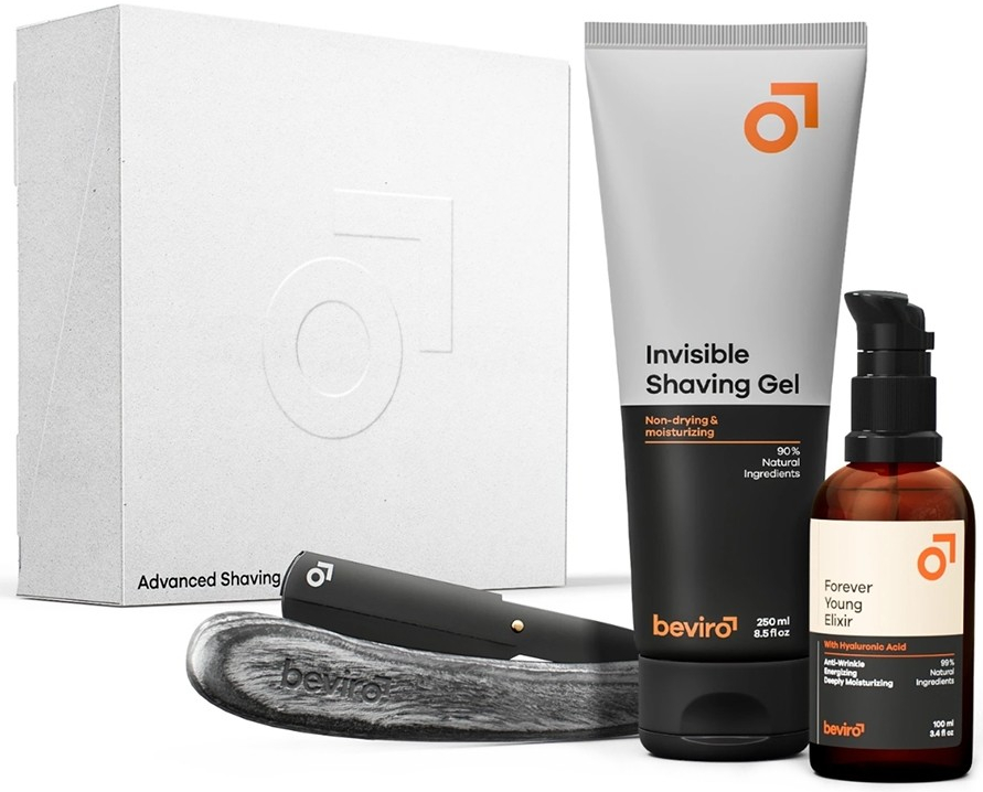 Beviro Advanced Shaving gel na holení 250 ml + aktivní sérum 50 ml + Pakkawood shavetta na holení dárková sada