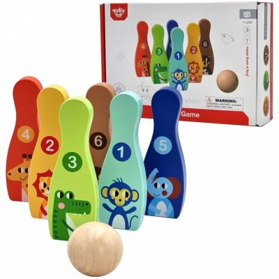 Tooky Toy Dřevěné dětské kuželky se zvířátky 6 ks + míček – Zboží Živě